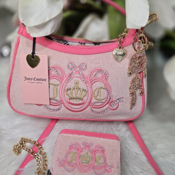 Juicy Couture Handbags - Juicy Couture Pink/lemonade diamond shoulder bag with matching wallet and Charm